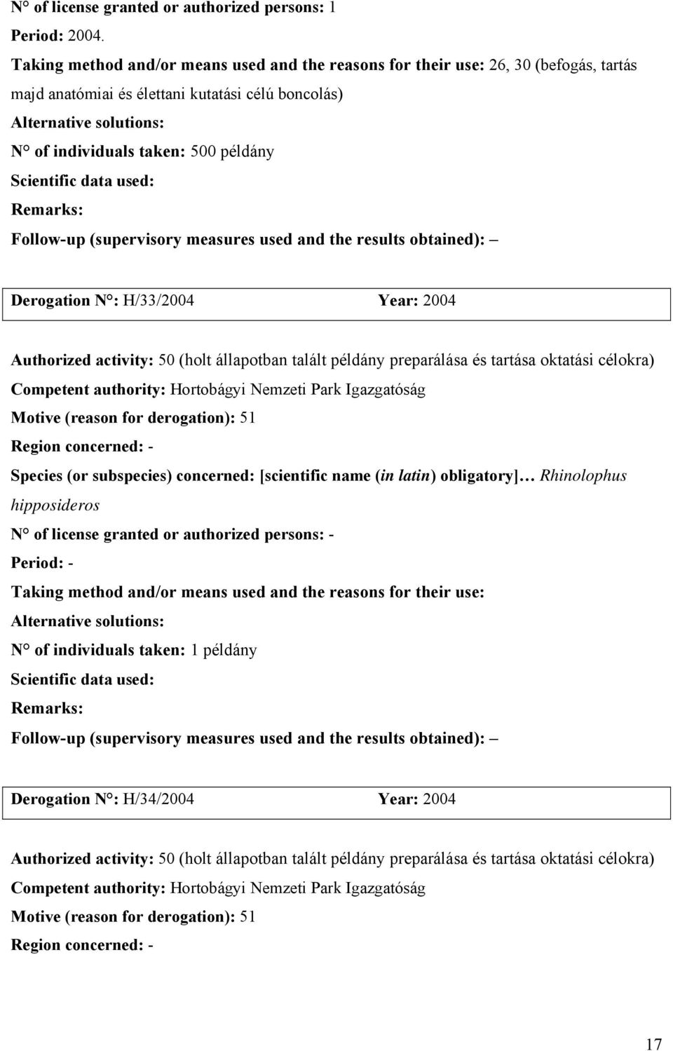 (holt állapotban talált példány preparálása és tartása oktatási célokra) Competent authority: Hortobágyi Nemzeti Park Igazgatóság Region concerned: - Species (or subspecies)