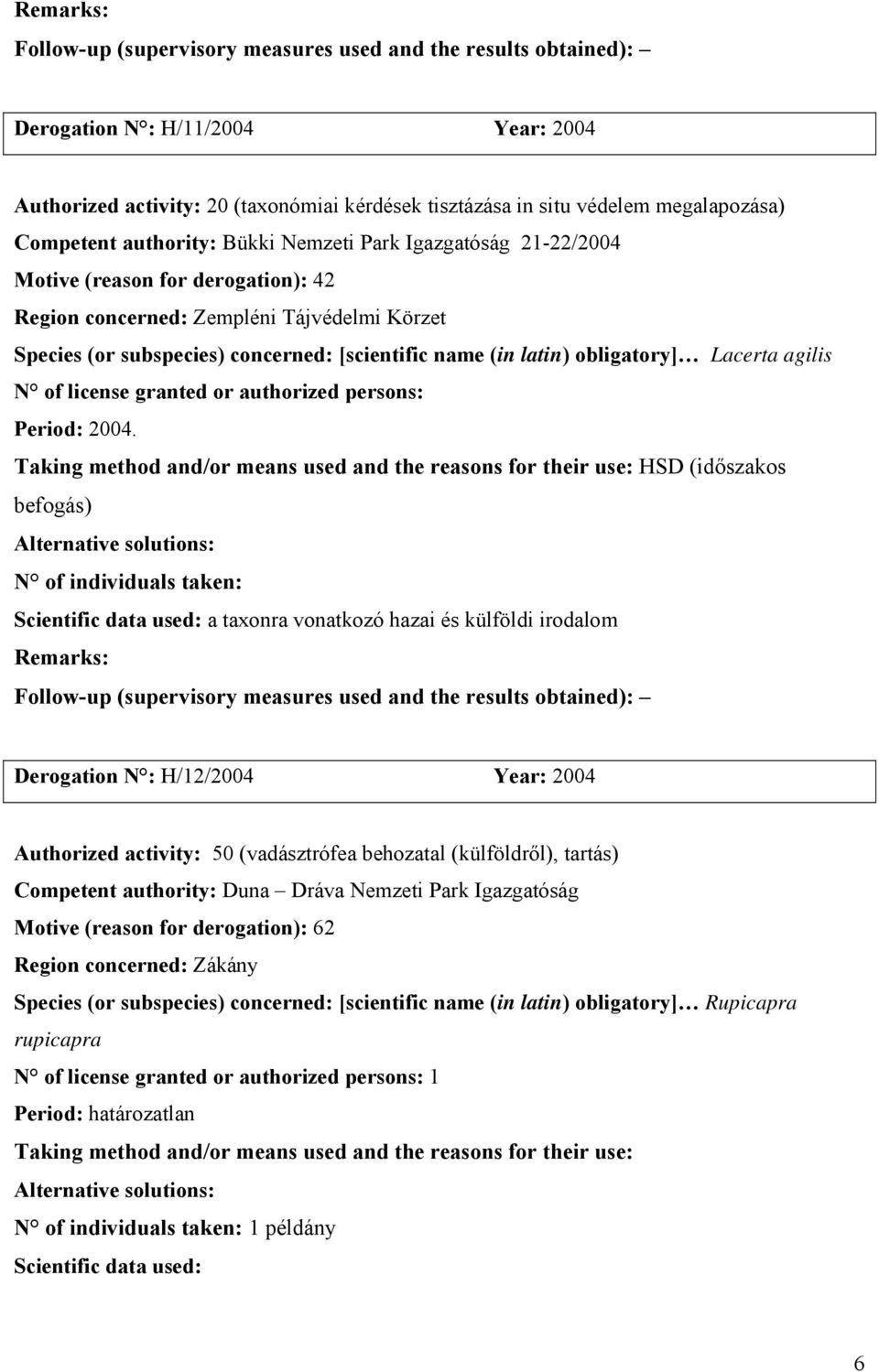 HSD (időszakos befogás) N of individuals taken: a taxonra vonatkozó hazai és külföldi irodalom Derogation N : H/12/2004 Year: 2004 Authorized activity: 50 (vadásztrófea behozatal (külföldről),