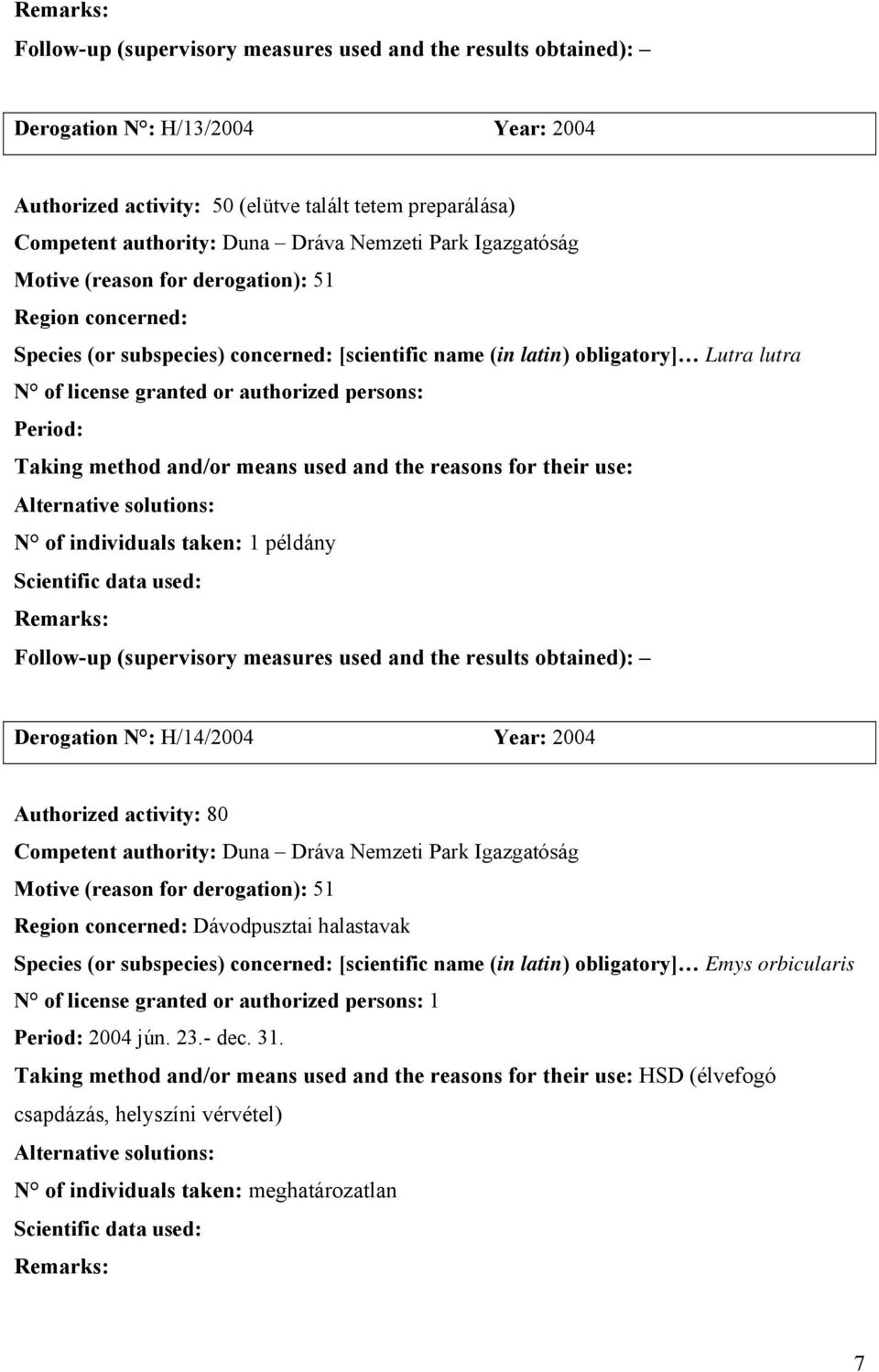 Year: 2004 Authorized activity: 80 Competent authority: Duna Dráva Nemzeti Park Igazgatóság Region concerned: Dávodpusztai halastavak Species (or subspecies)