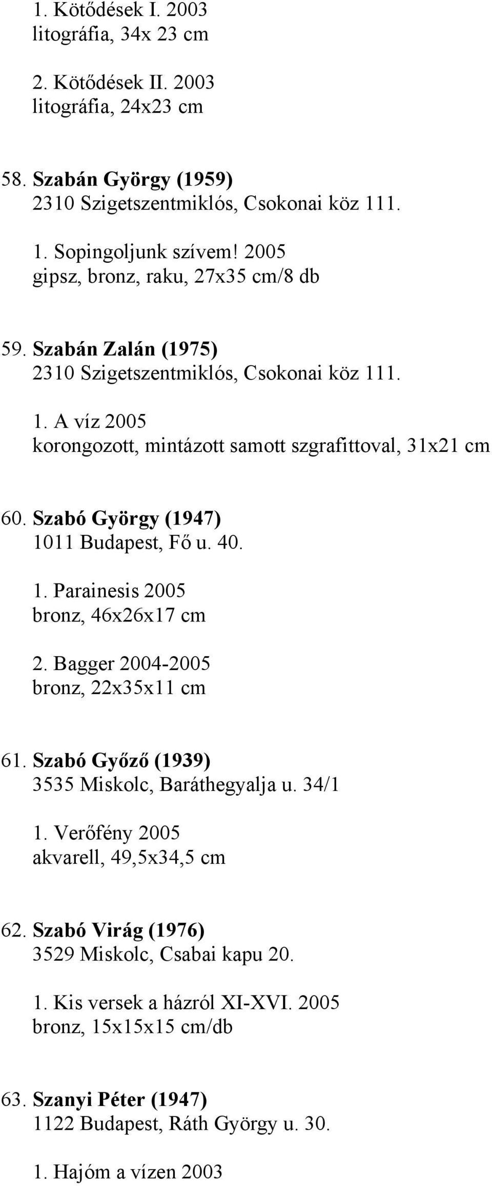 Szabó György (1947) 1011 Budapest, Fő u. 40. 1. Parainesis 2005 bronz, 46x26x17 cm 2. Bagger 2004-2005 bronz, 22x35x11 cm 61. Szabó Győző (1939) 3535 Miskolc, Baráthegyalja u. 34/1 1.