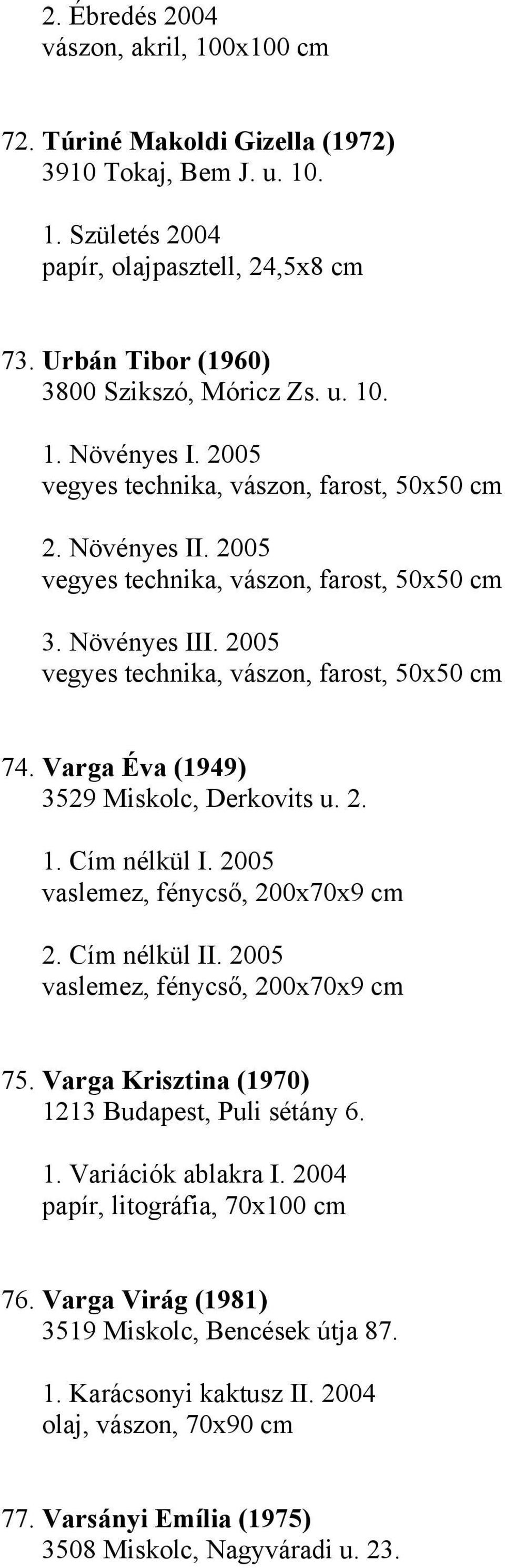 Varga Éva (1949) 3529 Miskolc, Derkovits u. 2. 1. Cím nélkül I. 2005 vaslemez, fénycső, 200x70x9 cm 2. Cím nélkül II. 2005 vaslemez, fénycső, 200x70x9 cm 75.