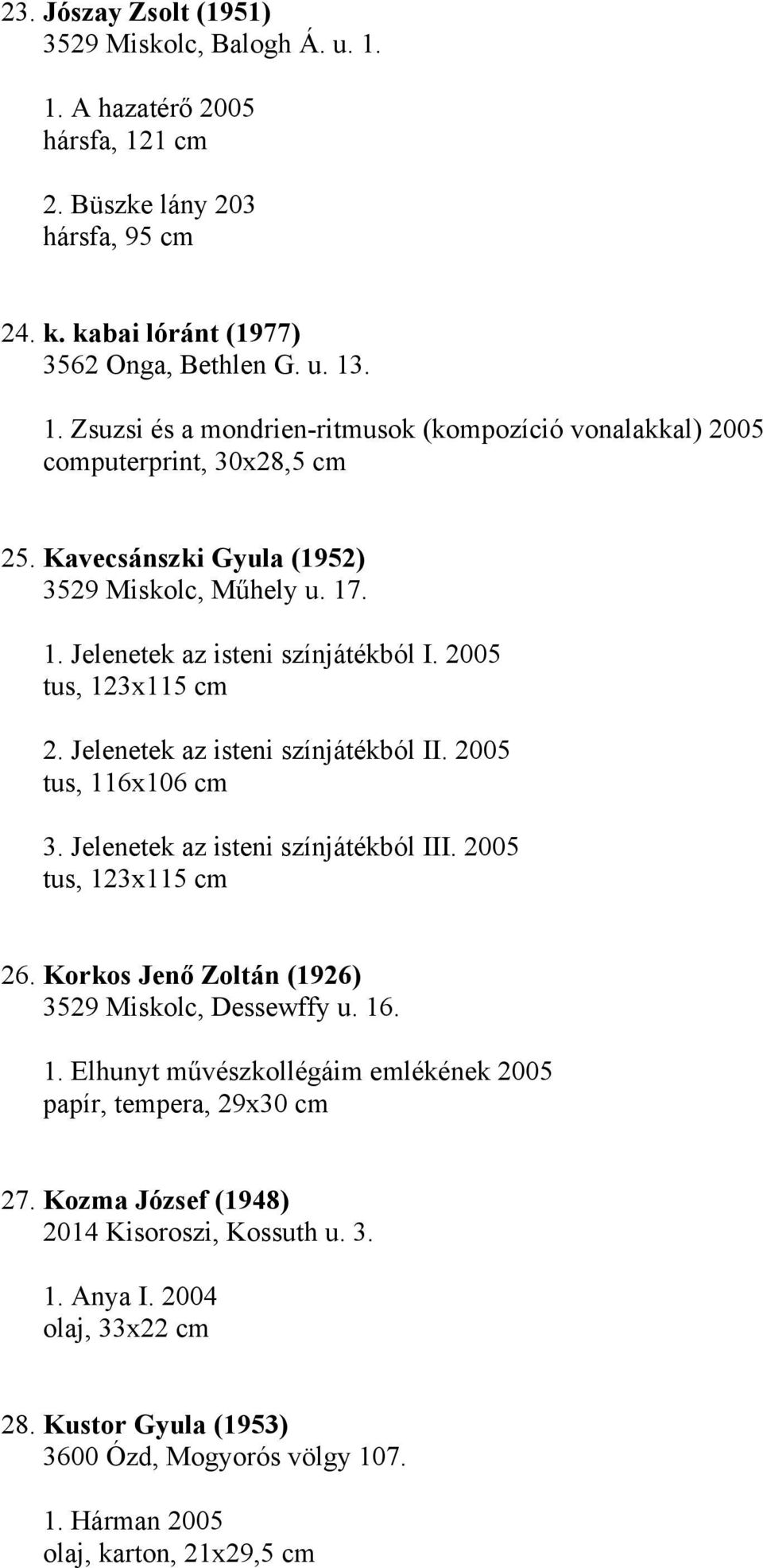 Jelenetek az isteni színjátékból III. 2005 tus, 123x115 cm 26. Korkos Jenő Zoltán (1926) 3529 Miskolc, Dessewffy u. 16. 1. Elhunyt művészkollégáim emlékének 2005 papír, tempera, 29x30 cm 27.