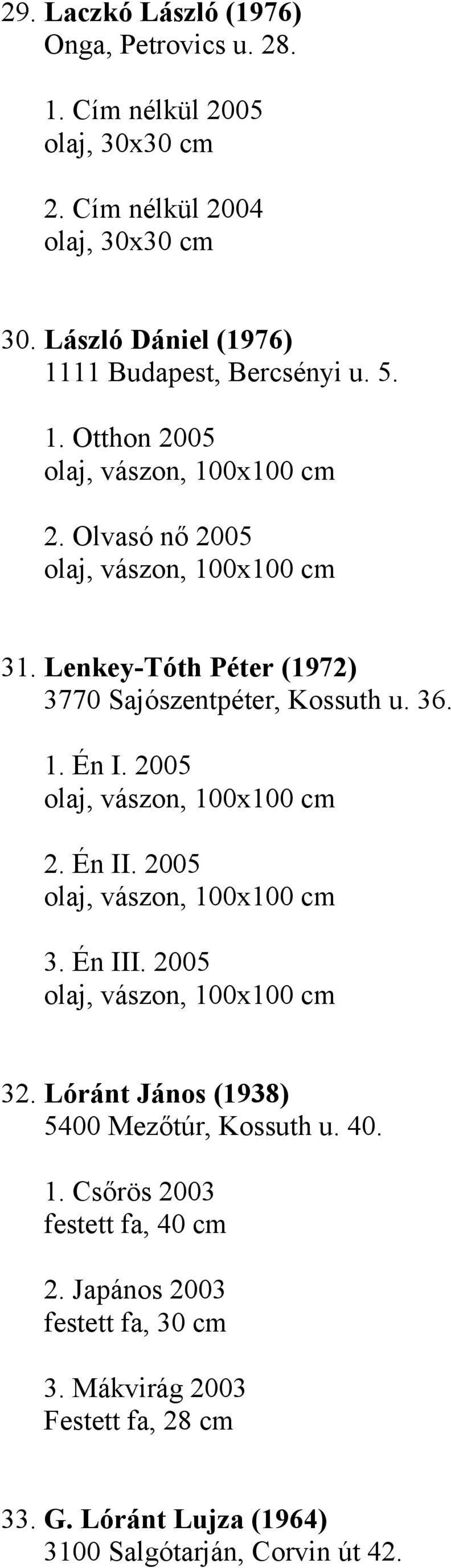 Lenkey-Tóth Péter (1972) 3770 Sajószentpéter, Kossuth u. 36. 1. Én I. 2005 2. Én II. 2005 3. Én III. 2005 32.