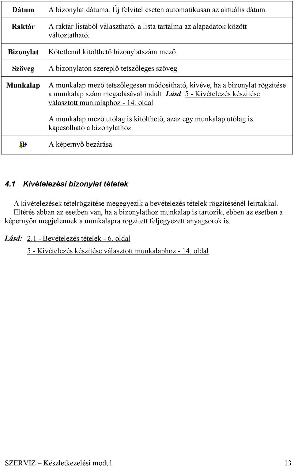 Lásd: 5 - Kivételezés készítése választott munkalaphoz - 14. oldal A munkalap mező utólag is kitölthető, azaz egy munkalap utólag is kapcsolható a bizonylathoz. A képernyő bezárása. 4.