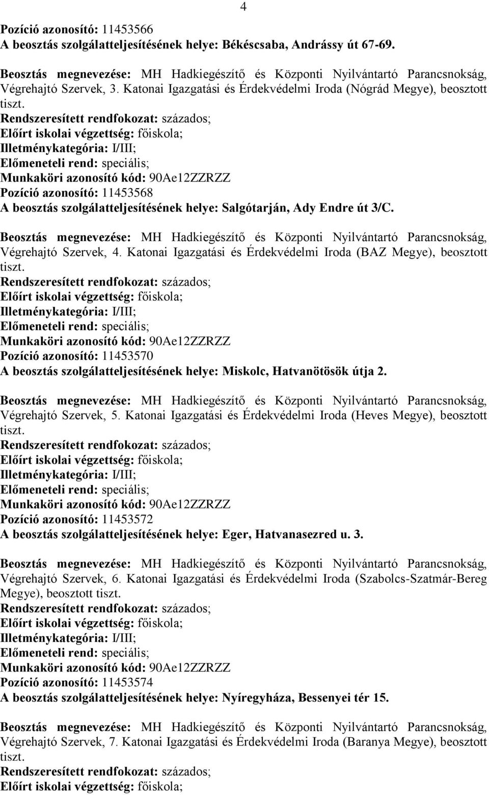 Katonai Igazgatási és Érdekvédelmi Iroda (BAZ Megye), beosztott Pozíció azonosító: 11453570 A beosztás szolgálatteljesítésének helye: Miskolc, Hatvanötösök útja 2. Végrehajtó Szervek, 5.