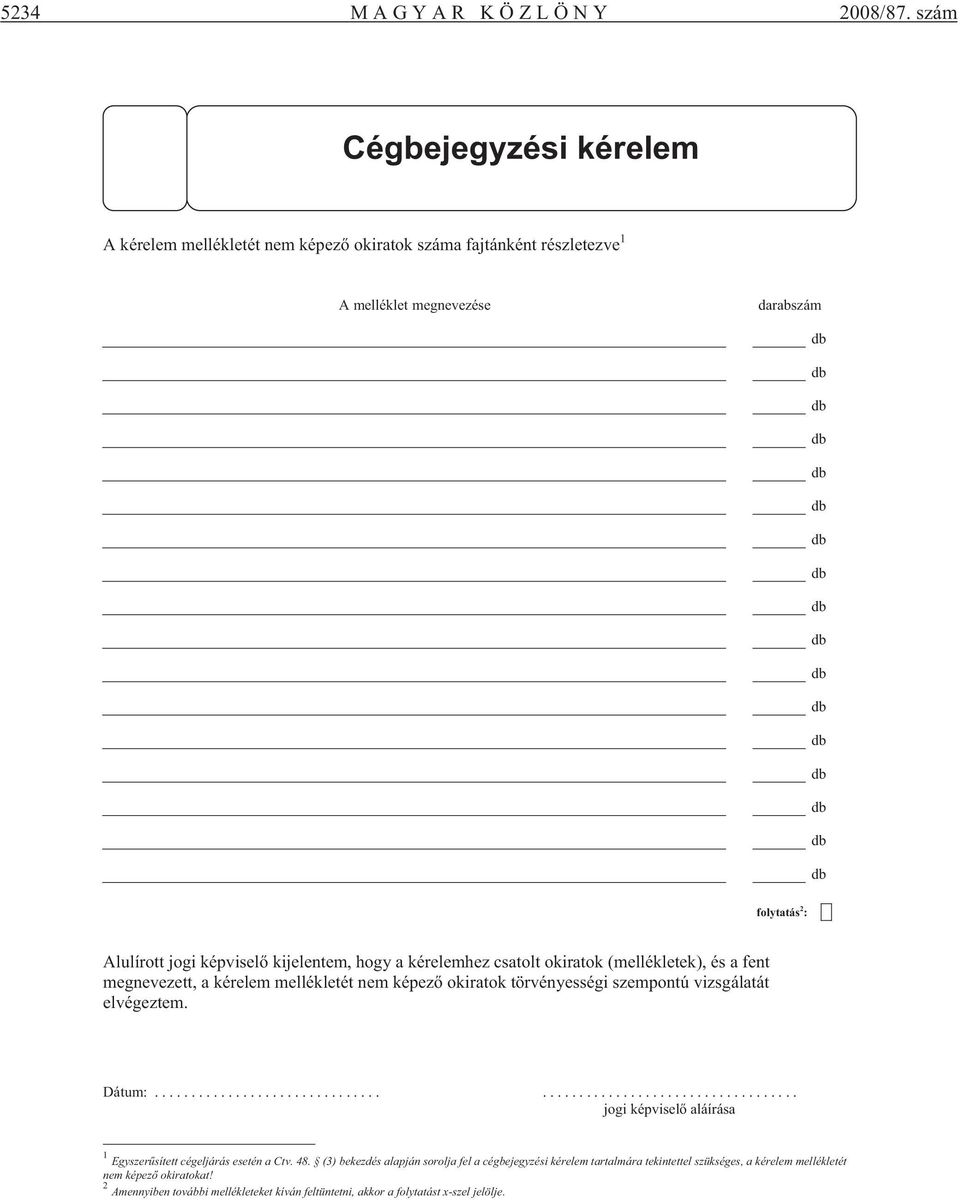 kérelemhez csatolt okiratok (mellékletek), és a fent megnevezett, a kérelem mellékletét nem képez okiratok törvényességi szempontú vizsgálatát elvégeztem. Dátum:.