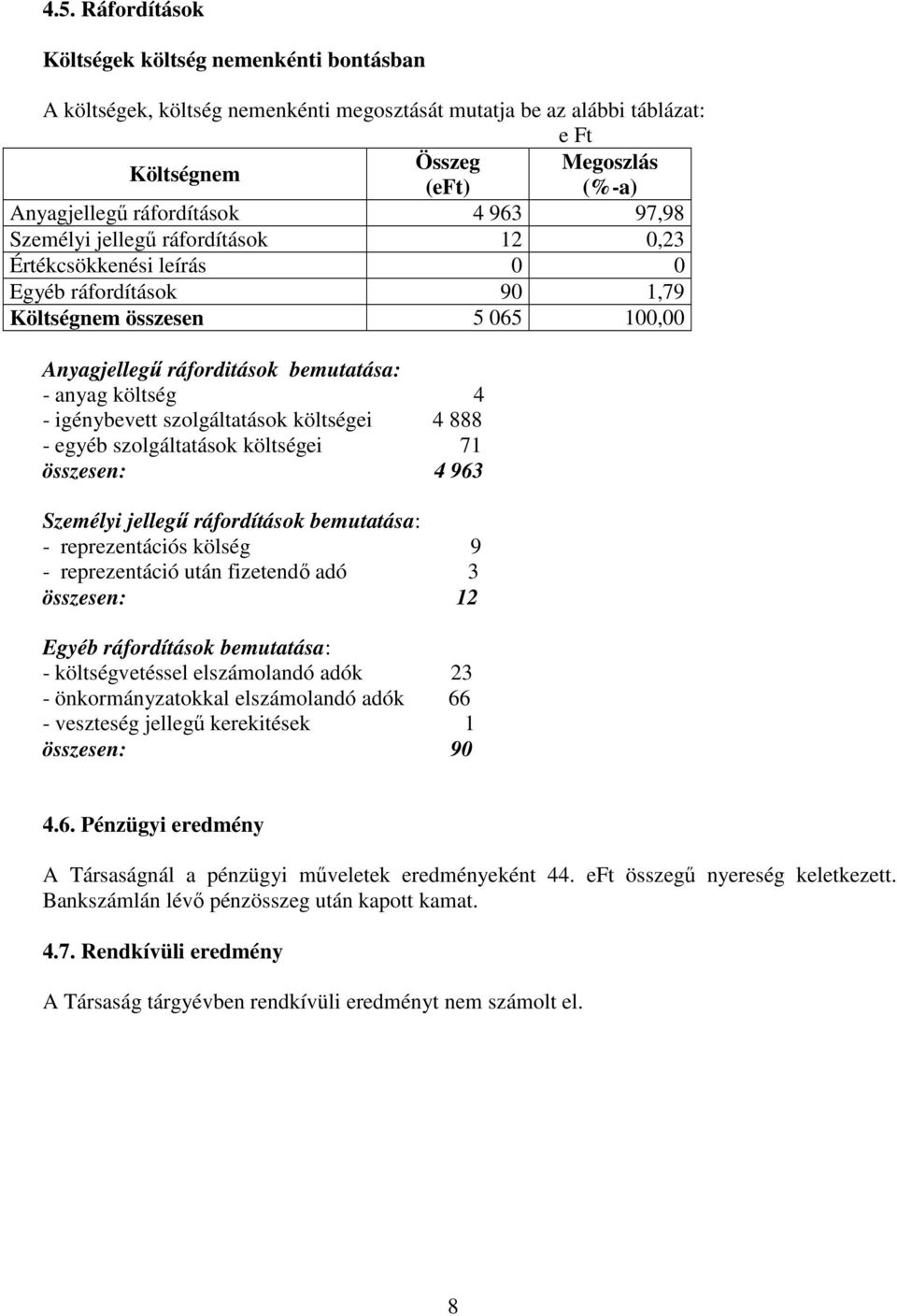 költség 4 - igénybevett szolgáltatások költségei 4 888 - egyéb szolgáltatások költségei 71 összesen: 4 963 Személyi jellegő ráfordítások bemutatása: - reprezentációs kölség 9 - reprezentáció után