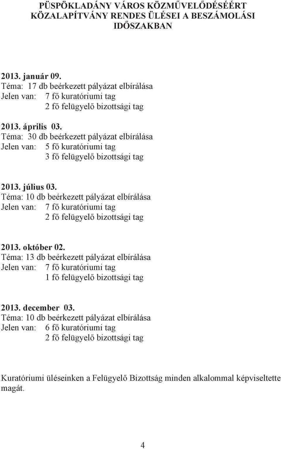 Téma: 30 db beérkezett pályázat elbírálása Jelen van: 5 fő kuratóriumi tag 3 fő felügyelő bizottsági tag. július 03.