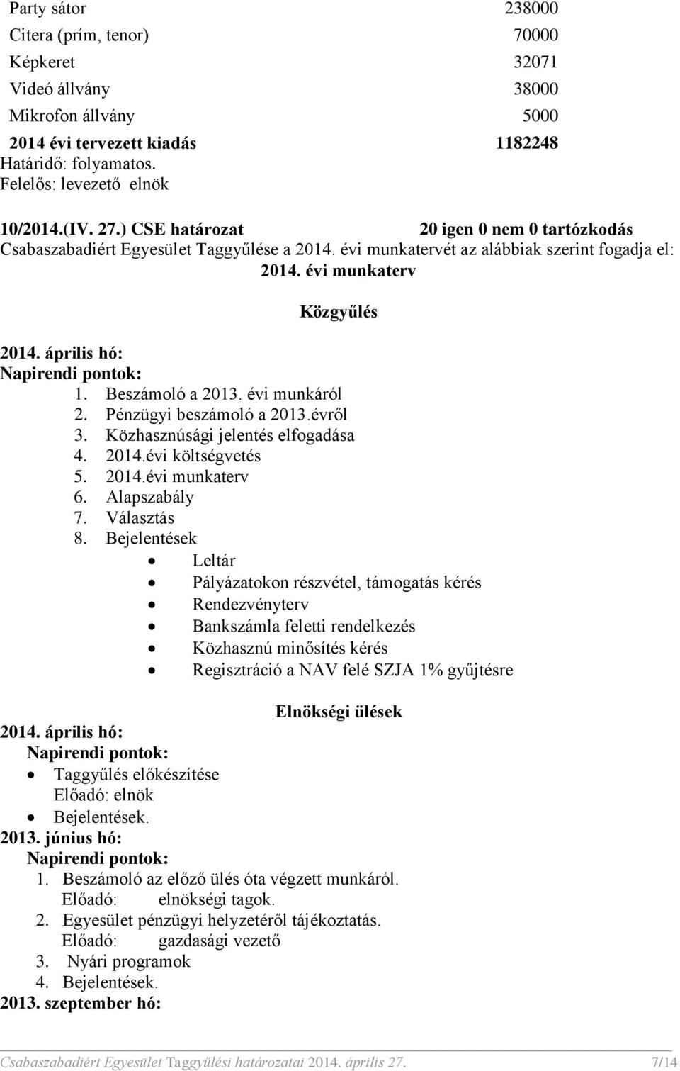 évi munkáról 2. Pénzügyi beszámoló a 2013.évről 3. Közhasznúsági jelentés elfogadása 4. 2014.évi költségvetés 5. 2014.évi munkaterv 6. Alapszabály 7. Választás 8.