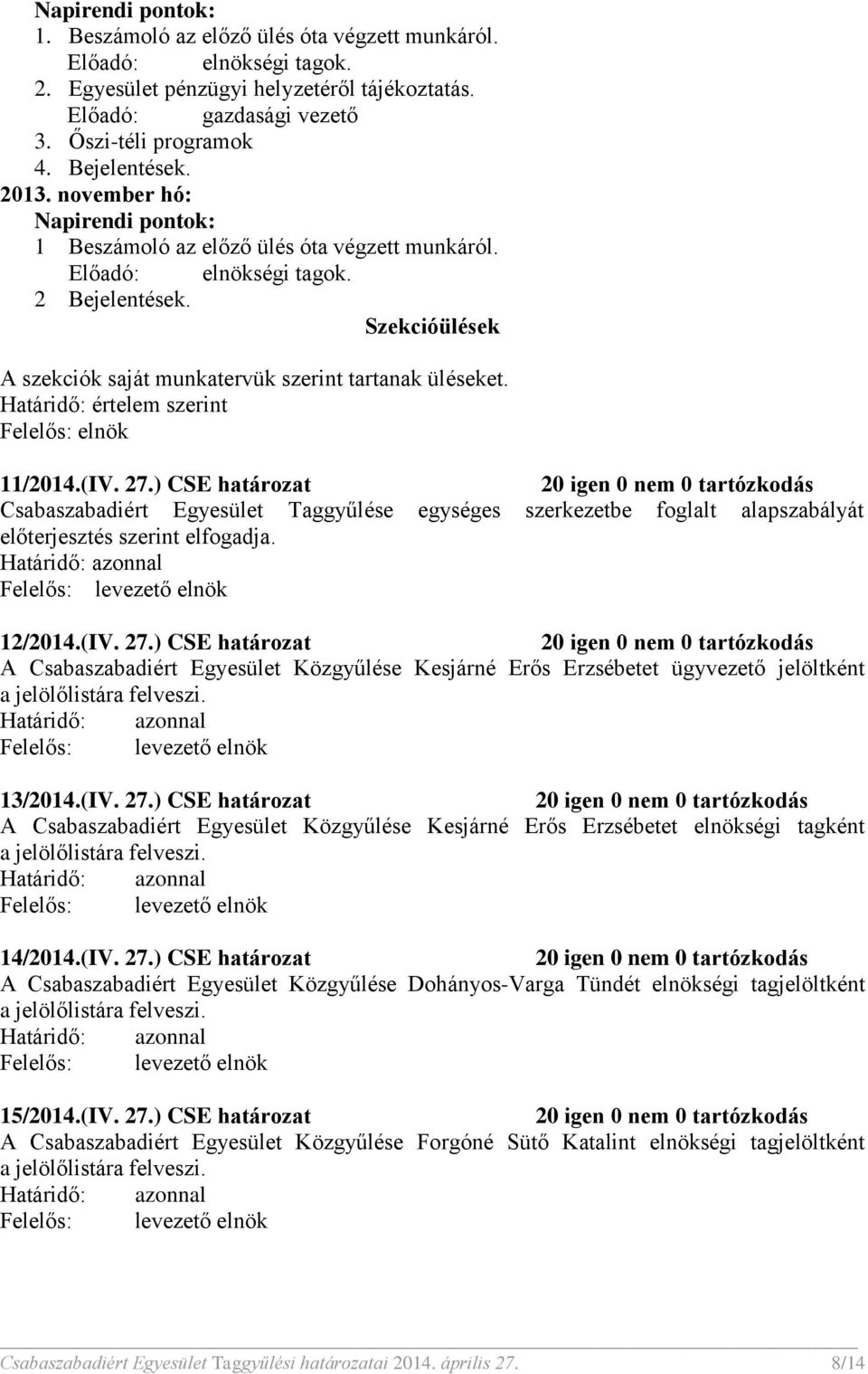 Szekcióülések A szekciók saját munkatervük szerint tartanak üléseket. Határidő: értelem szerint Felelős: elnök 11/2014.(IV. 27.