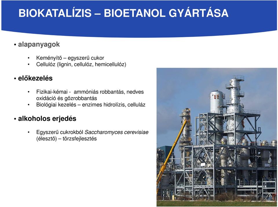 nedves oxidáció és gőzrobbantás Biológiai kezelés enzimes hidrolízis, celluláz