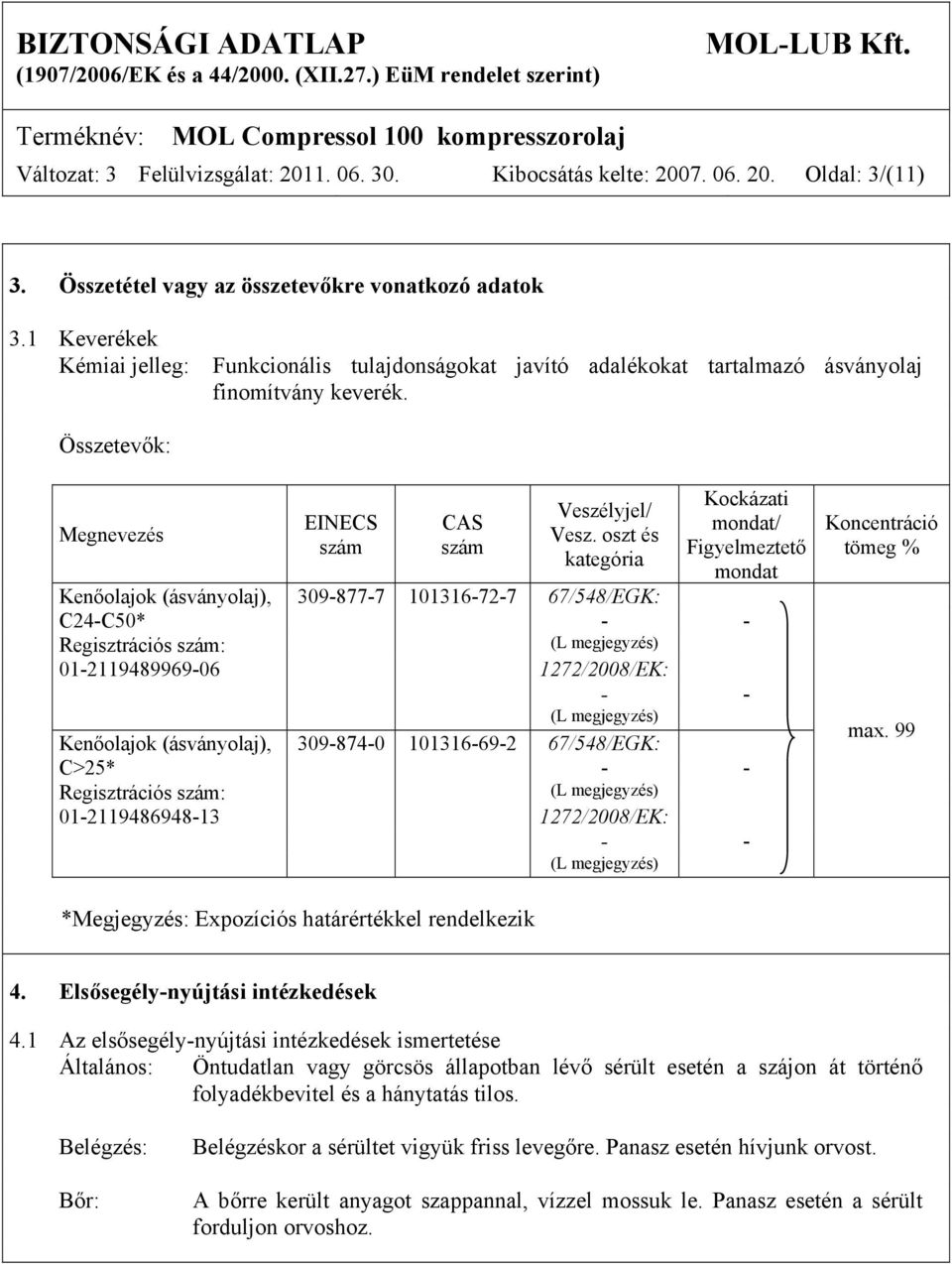oszt és kategória Kockázati mondat/ Figyelmeztető mondat Kenőolajok (ásványolaj), 309-877-7 101316-72-7 67/548/EGK: C24-C50* - - Regisztrációs szám: (L megjegyzés) 01-2119489969-06 1272/2008/EK: - -