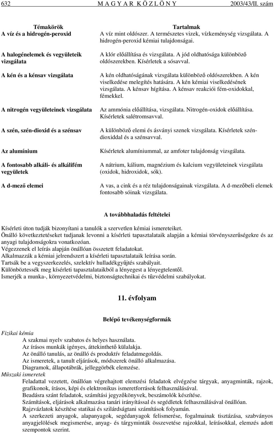 alkáli- és alkálifém vegyületek A d-mezı elemei A víz mint oldószer. A természetes vizek, vízkeménység vizsgálata. A hidrogén-peroxid kémiai tulajdonságai. A klór elıállítása és vizsgálata.
