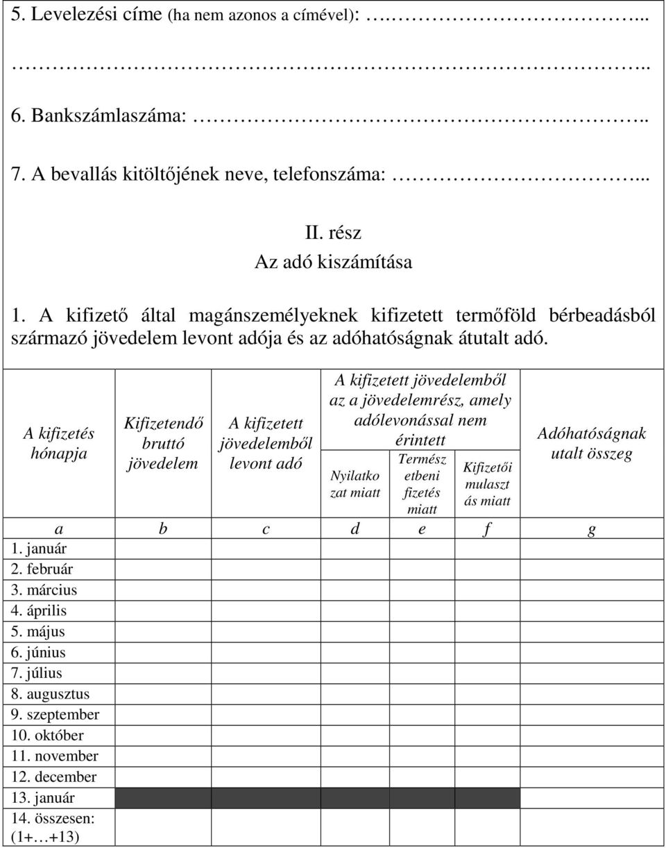 A kifizetés hónapja Kifizetendı bruttó jövedelem A kifizetett jövedelembıl levont adó A kifizetett jövedelembıl az a jövedelemrész, amely adólevonással nem érintett Nyilatko zat miatt