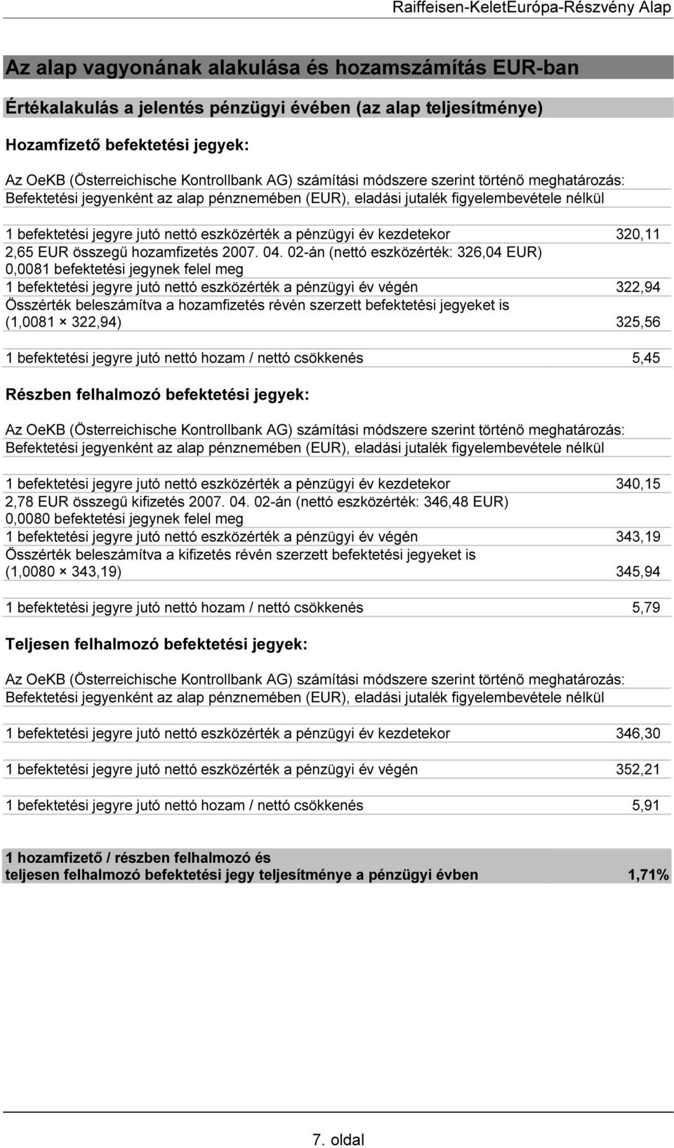 kezdetekor 320,11 2,65 EUR összegű hozamfizetés 2007. 04.