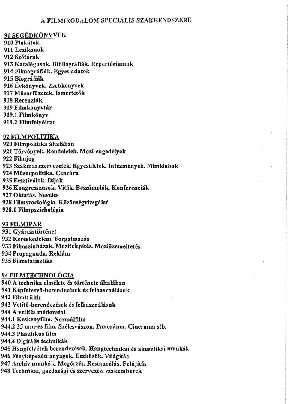 2 Filmfolyóirat 92 FILMPOLITIKA 920 Filmpolitika általában 921 Törvények. Rendeletek. Mozi-engedélyek 922 Filmjog 923 Szakmai szervezetek. Egyesületek. Intézmények. Filmklubok 924 Műsorpolitika.