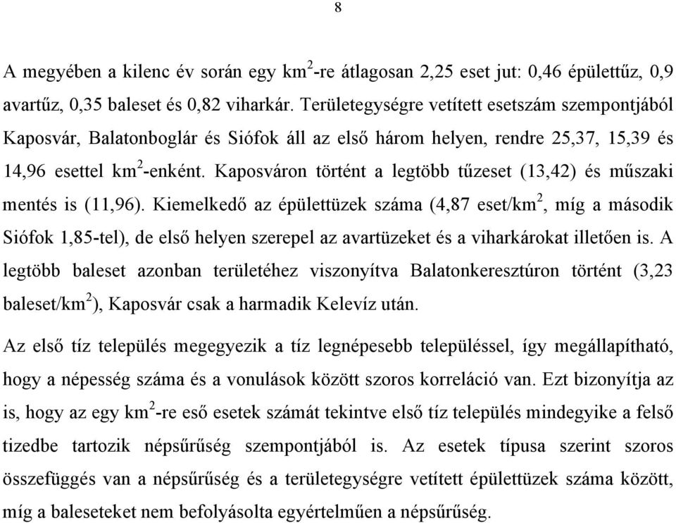 Kaposváron történt a legtöbb tűzeset (13,42) és műszaki mentés is (11,96).