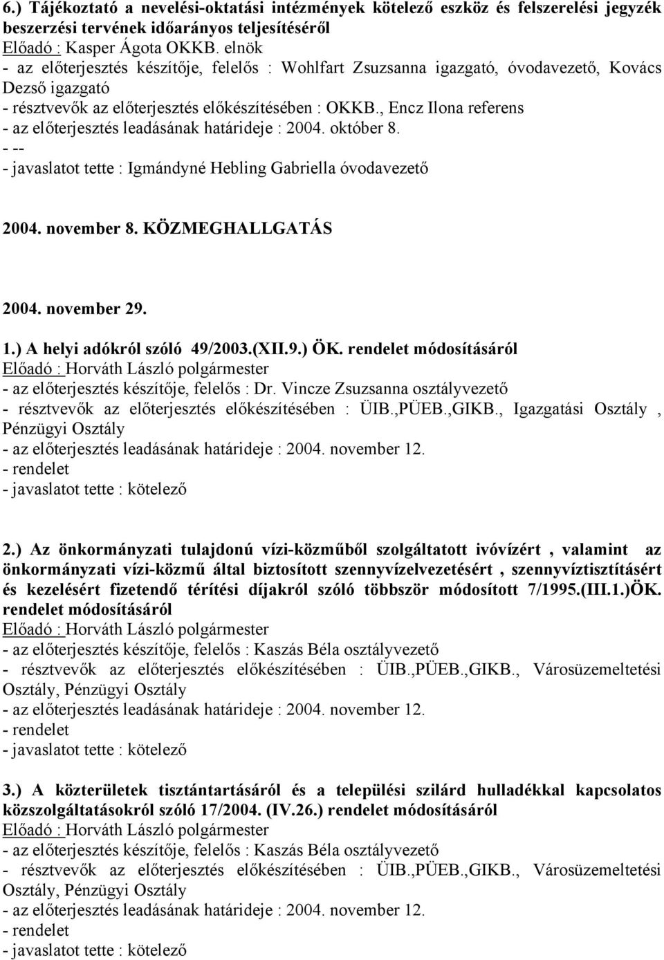 KÖZMEGHALLGATÁS 2004. november 29. 1.) A helyi adókról szóló 49/2003.(XII.9.) ÖK. rendelet módosításáról - az előterjesztés készítője, felelős : Dr.