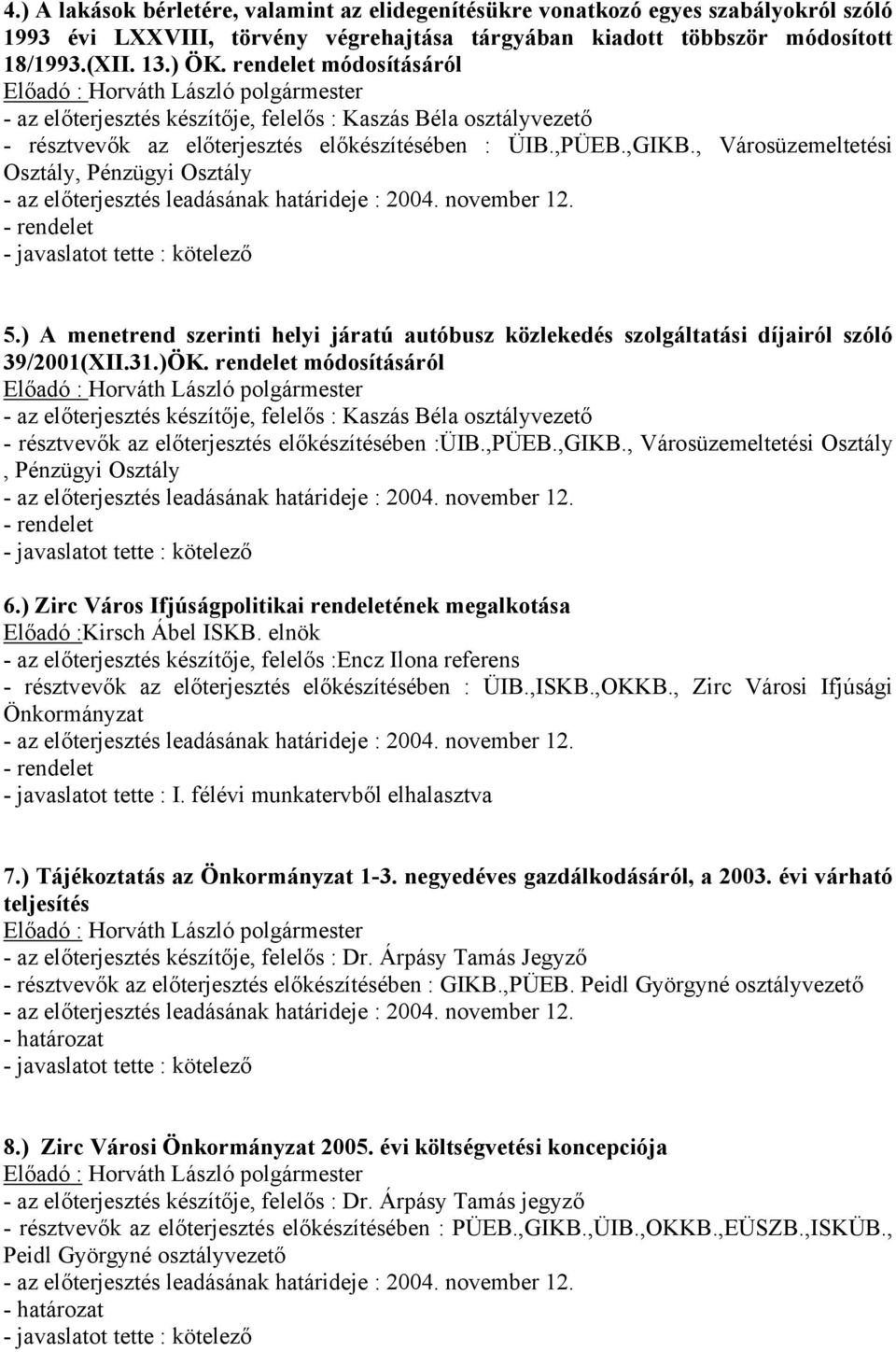 ) A menetrend szerinti helyi járatú autóbusz közlekedés szolgáltatási díjairól szóló 39/2001(XII.31.)ÖK. rendelet módosításáról - résztvevők az előterjesztés előkészítésében :ÜIB.,PÜEB.,GIKB.