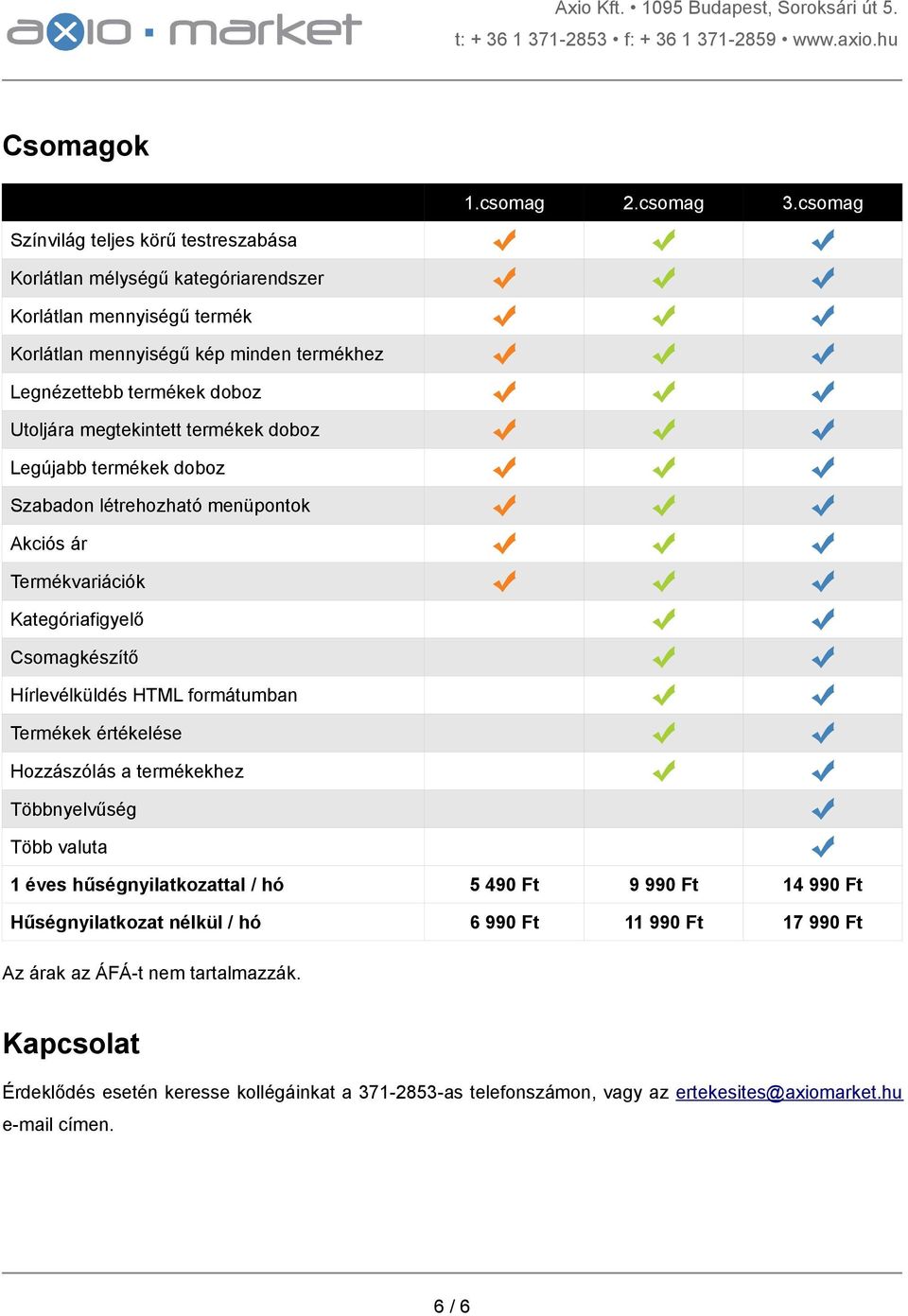 megtekintett termékek doboz Legújabb termékek doboz Szabadon létrehozható menüpontok Akciós ár Termékvariációk Kategóriafigyelő Csomagkészítő Hírlevélküldés HTML formátumban Termékek