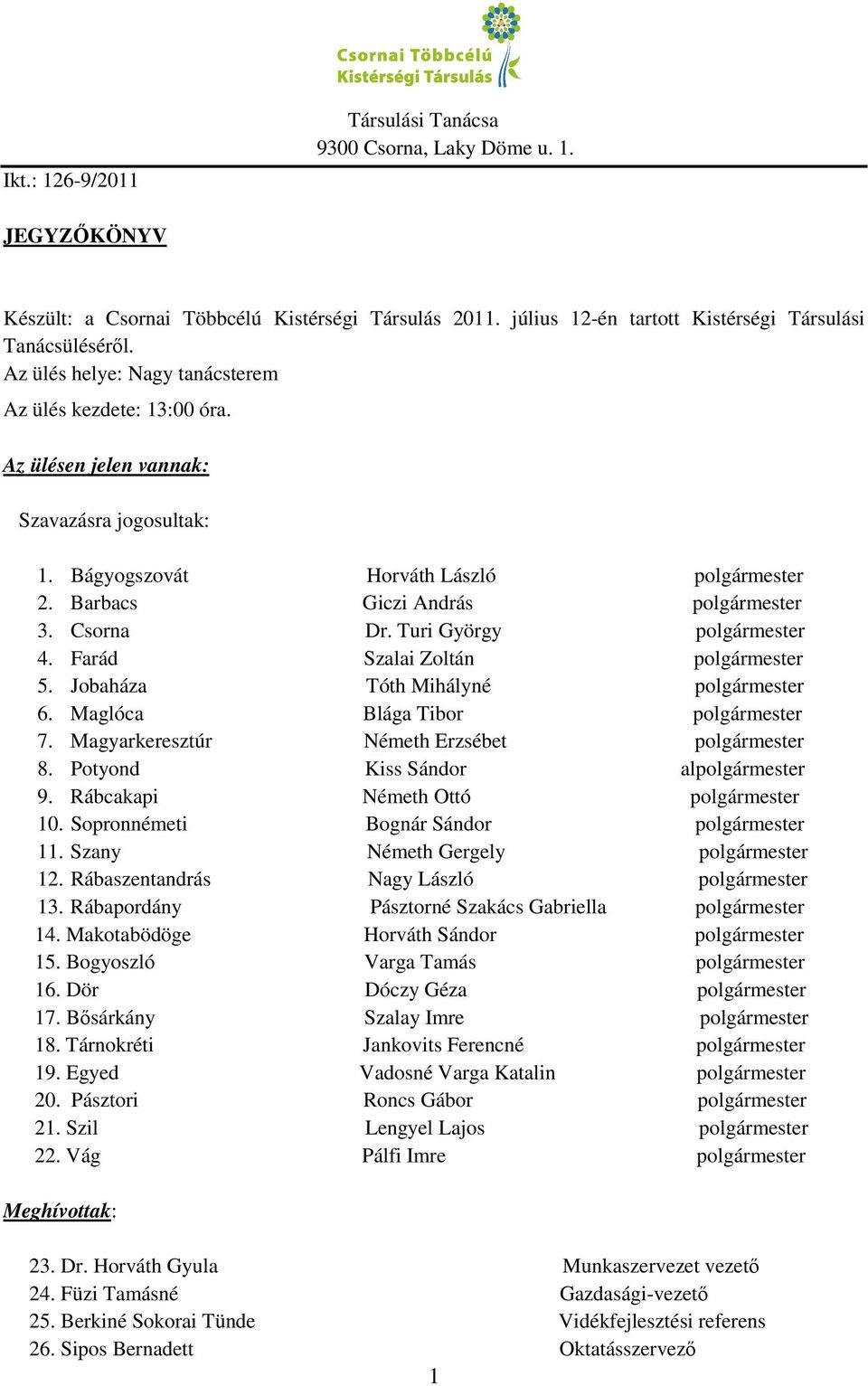 Csorna Dr. Turi György polgármester 4. Farád Szalai Zoltán polgármester 5. Jobaháza Tóth Mihályné polgármester 6. Maglóca Blága Tibor polgármester 7. Magyarkeresztúr Németh Erzsébet polgármester 8.
