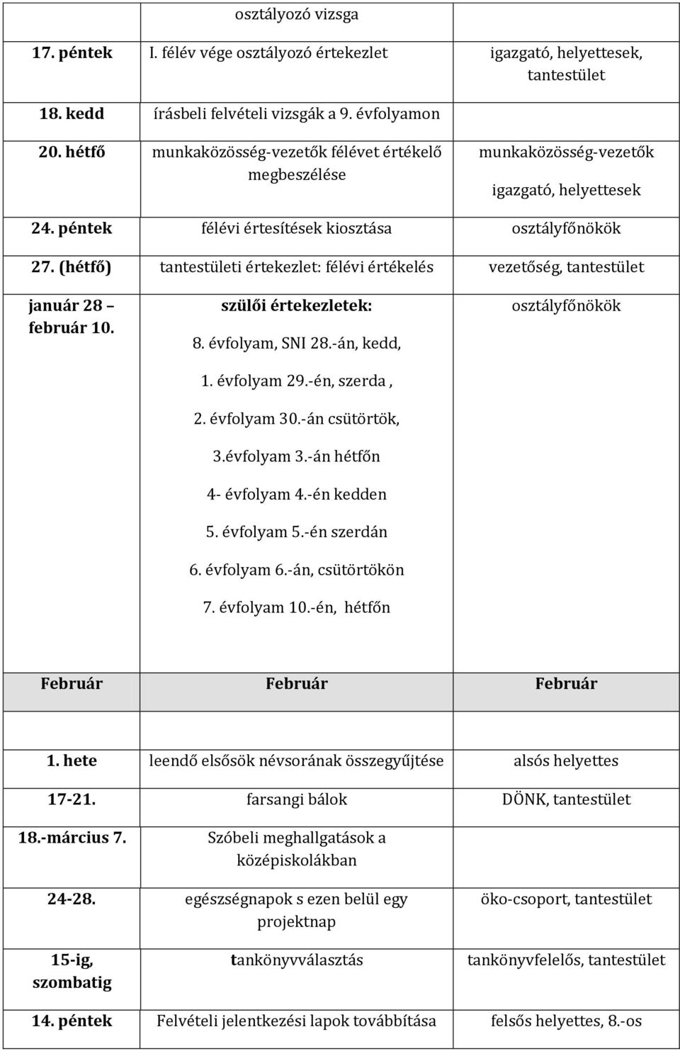 (hétfő) tantestületi értekezlet: félévi értékelés vezetőség, tantestület január 28 február 10. szülői értekezletek: 8. évfolyam, SNI 28.-án, kedd, 1. évfolyam 29.-én, szerda, 2. évfolyam 30.