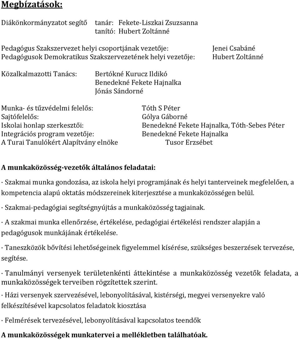 Integrációs program vezetője: A Turai Tanulókért Alapítvány elnöke Tóth S Péter Gólya Gáborné Benedekné Fekete Hajnalka, Tóth-Sebes Péter Benedekné Fekete Hajnalka Tusor Erzsébet A