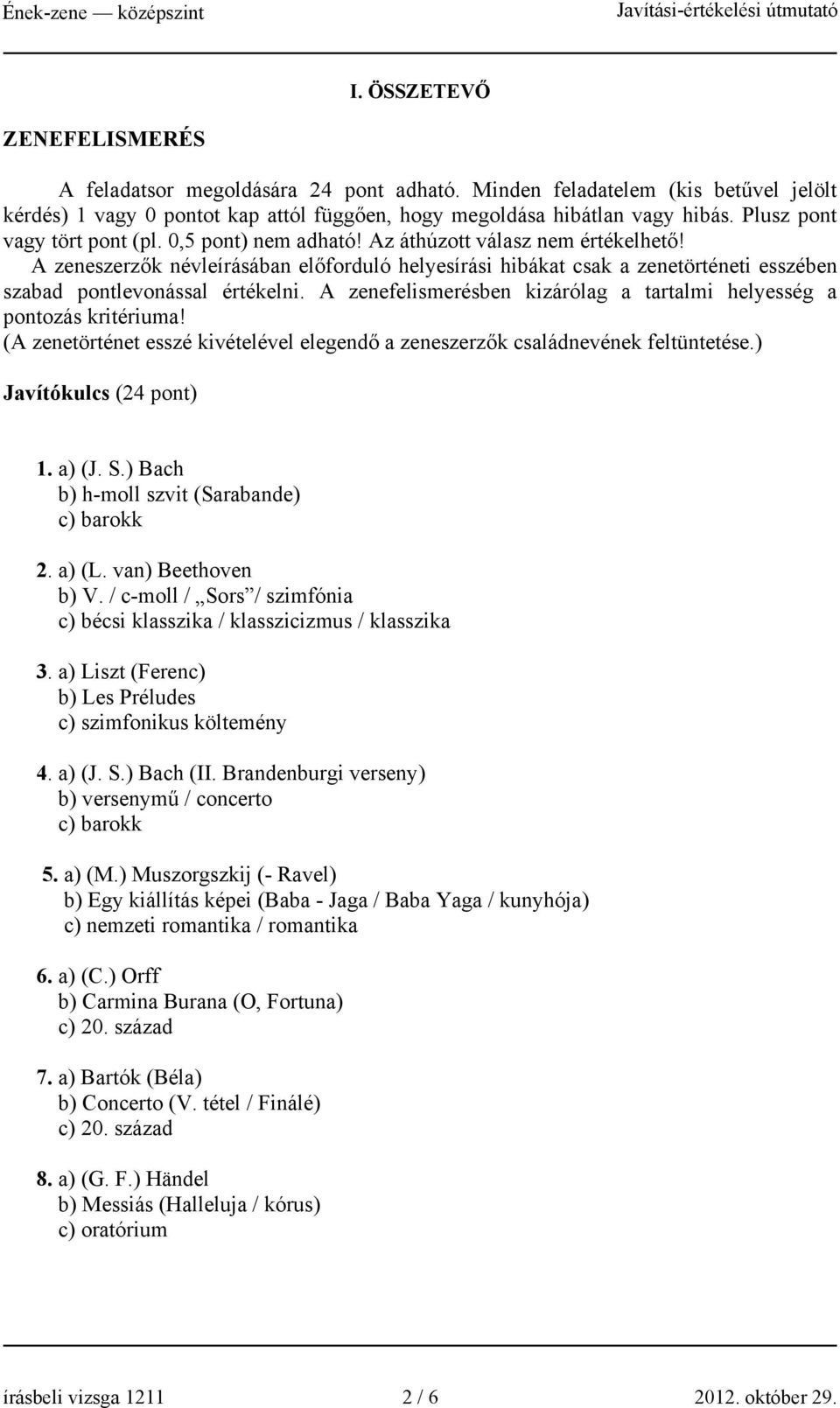 A zeneszerzők névleírásában előforduló helyesírási hibákat csak a zenetörténeti esszében szabad pontlevonással értékelni. A zenefelismerésben kizárólag a tartalmi helyesség a pontozás kritériuma!