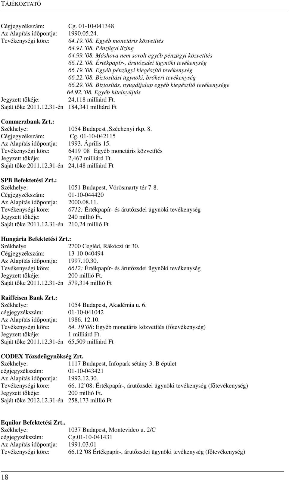92. 08. Egyéb hitelnyújtás Jegyzett tőkéje: 24,118 milliárd Ft. Saját tőke 2011.12.31-én 184,341 milliárd Ft Commerzbank Zrt.: Székhelye: 1054 Budapest,Széchenyi rkp. 8. Cégjegyzékszám: Cg.