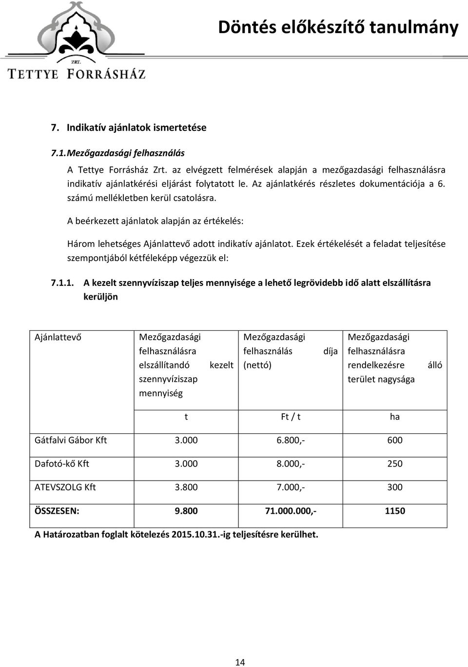 A beérkezett ajánlatok alapján az értékelés: Három lehetséges Ajánlattevő adott indikatív ajánlatot. Ezek értékelését a feladat teljesítése szempontjából kétféleképp végezzük el: 7.1.