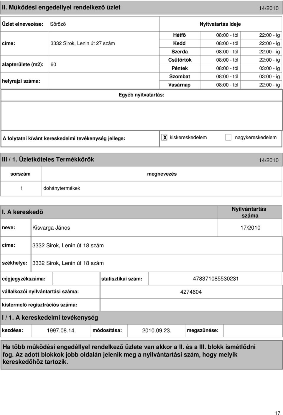 22:00 - ig III /. Üzletköteles Termékkörök 4/200 I.