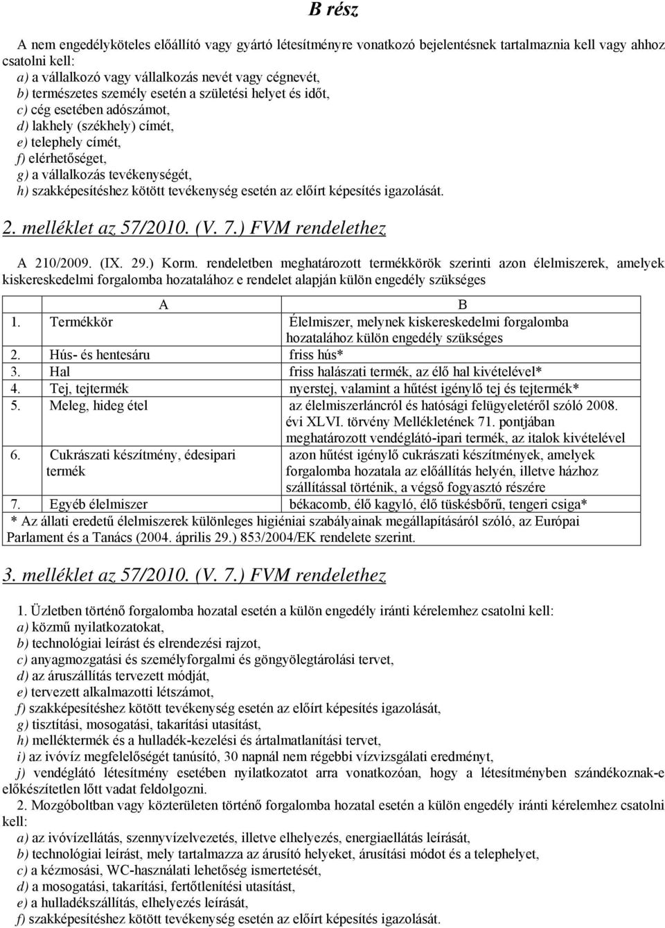 szakképesítéshez kötött tevékenység esetén az előírt képesítés igazolását. 2. melléklet az 57/2010. (V. 7.) FVM rendelethez A 210/2009. (IX. 29.) Korm.