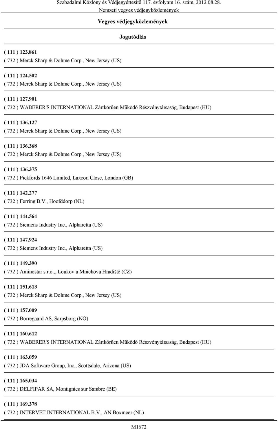 , Alpharetta (US) ( 111 ) 147.924 ( 732 ) Siemens Industry Inc., Alpharetta (US) ( 111 ) 149.390 ( 732 ) Aminostar s.r.o.,, Loukov u Mnichova Hradiště (CZ) ( 111 ) 151.613 ( 111 ) 157.