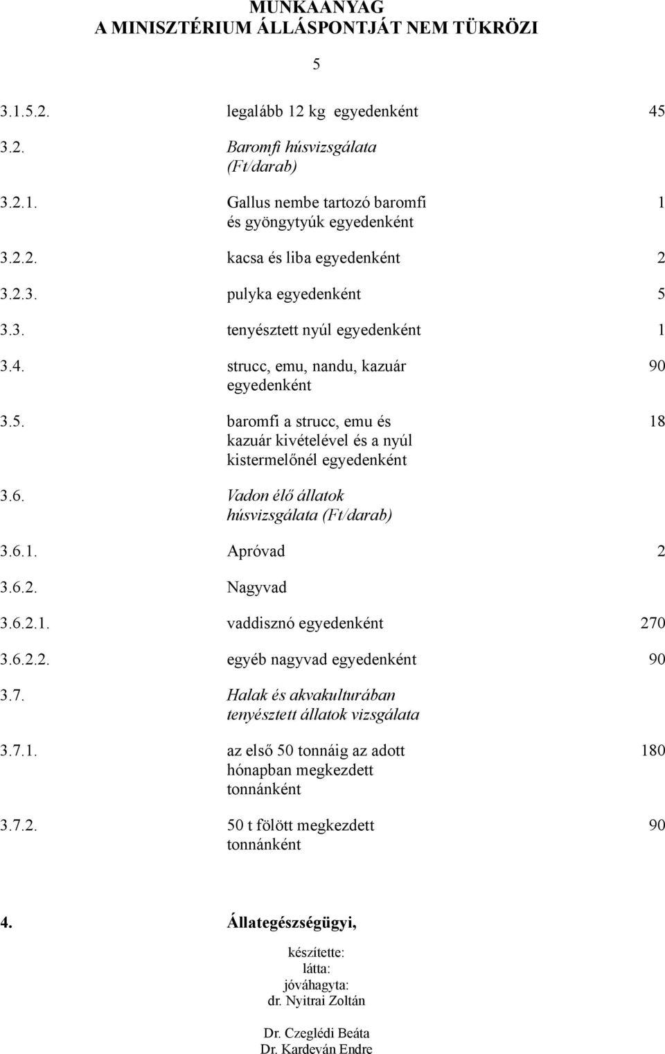Vadon élő állatok húsvizsgálata (Ft/darab) 3.6.1. Apróvad 2 3.6.2. Nagyvad 3.6.2.1. vaddisznó egyedenként 270 3.6.2.2. egyéb nagyvad egyedenként 90 3.7. Halak és akvakulturában tenyésztett állatok vizsgálata 3.