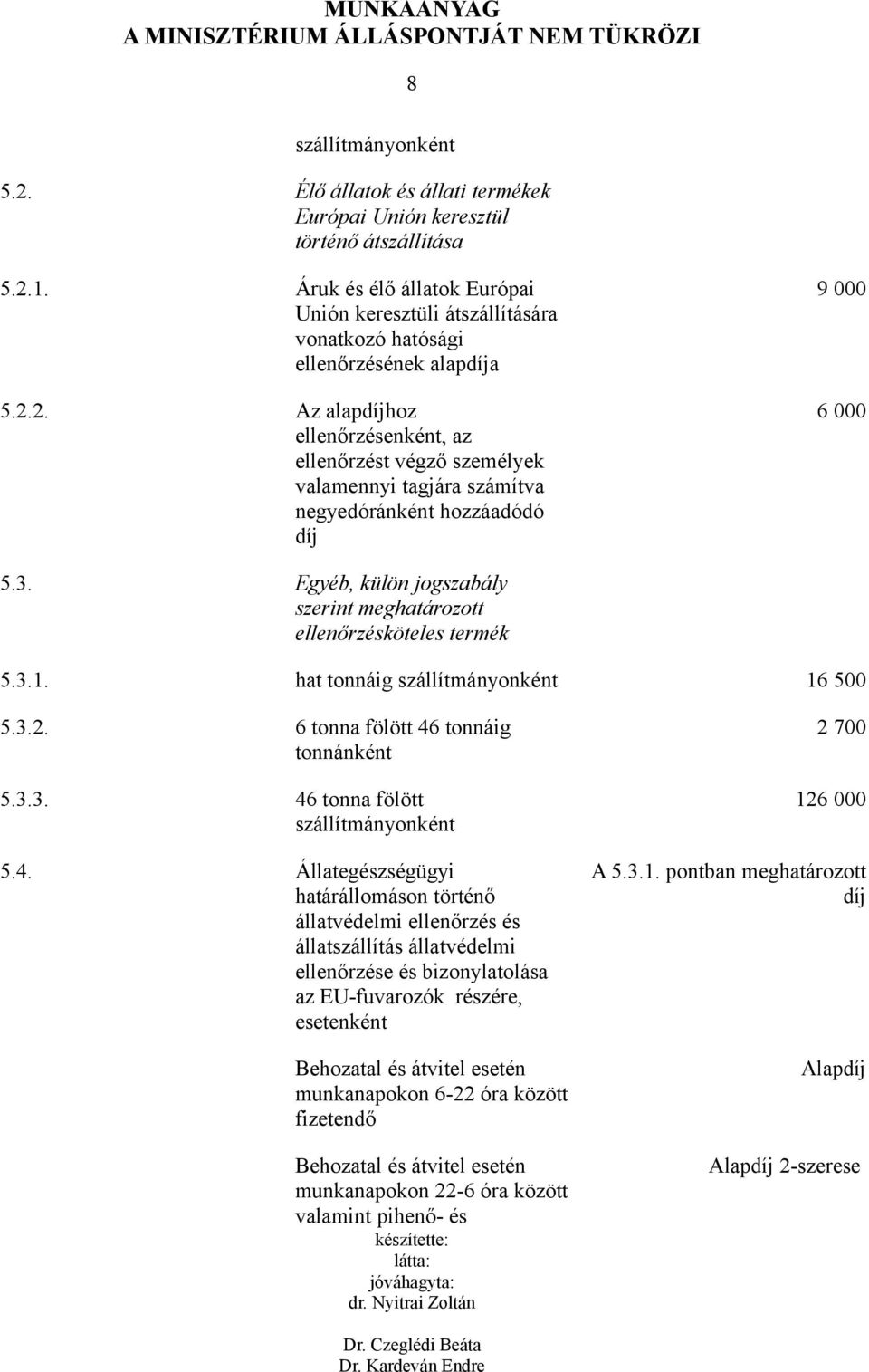 2. Az alapdíjhoz ellenőrzésenként, az ellenőrzést végző személyek valamennyi tagjára számítva negyedóránként hozzáadódó díj 9 000 6 000 5.3.