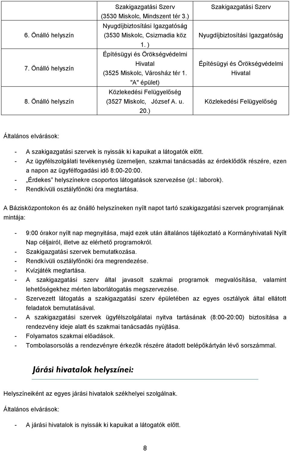 ) Szakigazgatási Nyugdíjbiztosítási Építésügyi és Örökségvédelmi Közlekedési Felügyelőség Általános elvárások: - A szakigazgatási szervek is nyissák ki kapuikat a látogatók előtt.