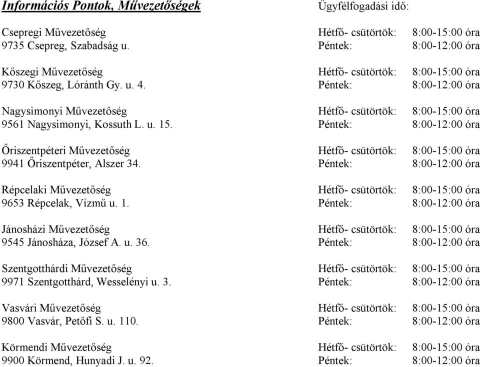 Péntek: 8:00-12:00 óra Nagysimonyi Művezetőség Hétfő- csütörtök: 8:00-15:00 óra 9561 Nagysimonyi, Kossuth L. u. 15.