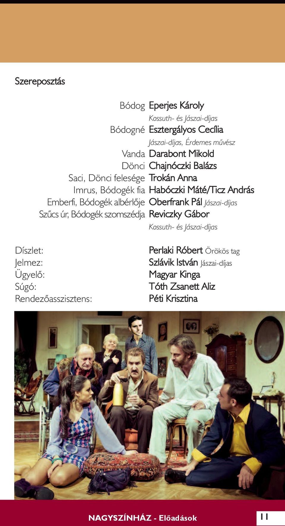 Oberfrank Pál Jászai-díjas Szûcs úr, Bódogék szomszédja Reviczky Gábor Kossuth- és Jászai-díjas Díszlet: Jelmez: Ügyelõ: Súgó: