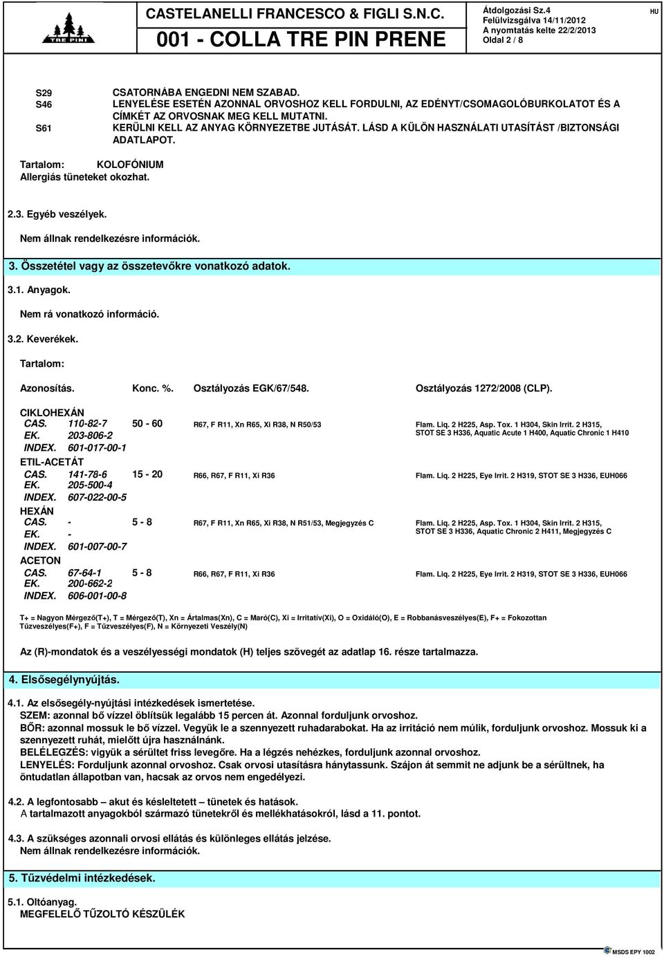 Összetétel vagy az összetevőkre vonatkozó adatok. 3.1. Anyagok. Nem rá vonatkozó információ. 3.2. Keverékek. Tartalom: Azonosítás. Konc. %. Osztályozás EGK/67/548. Osztályozás 1272/2008 (CLP).
