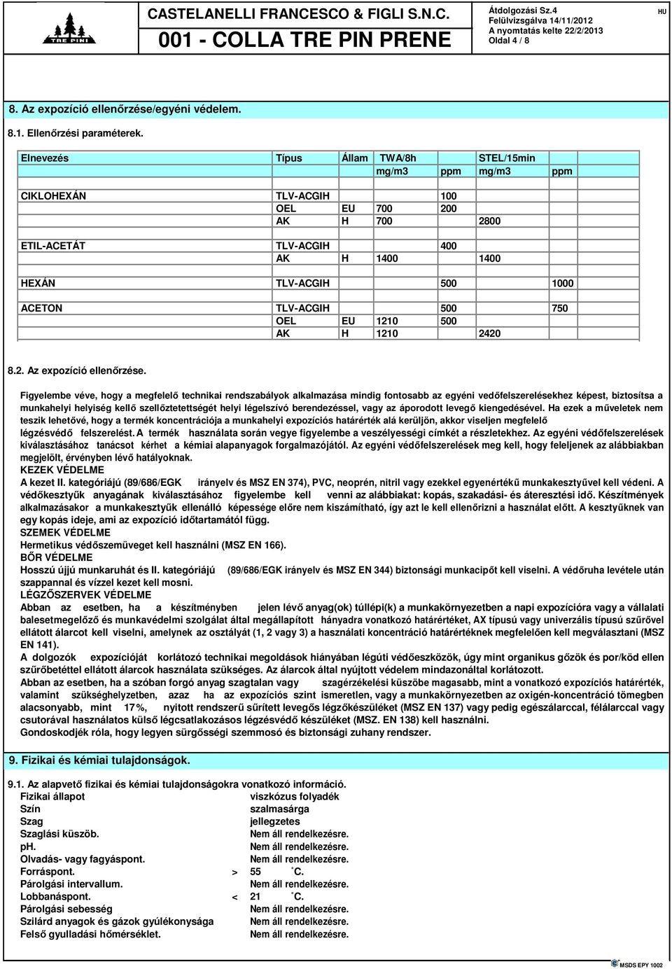 500 750 OEL EU 1210 500 AK H 1210 2420 8.2. Az expozíció ellenőrzése.