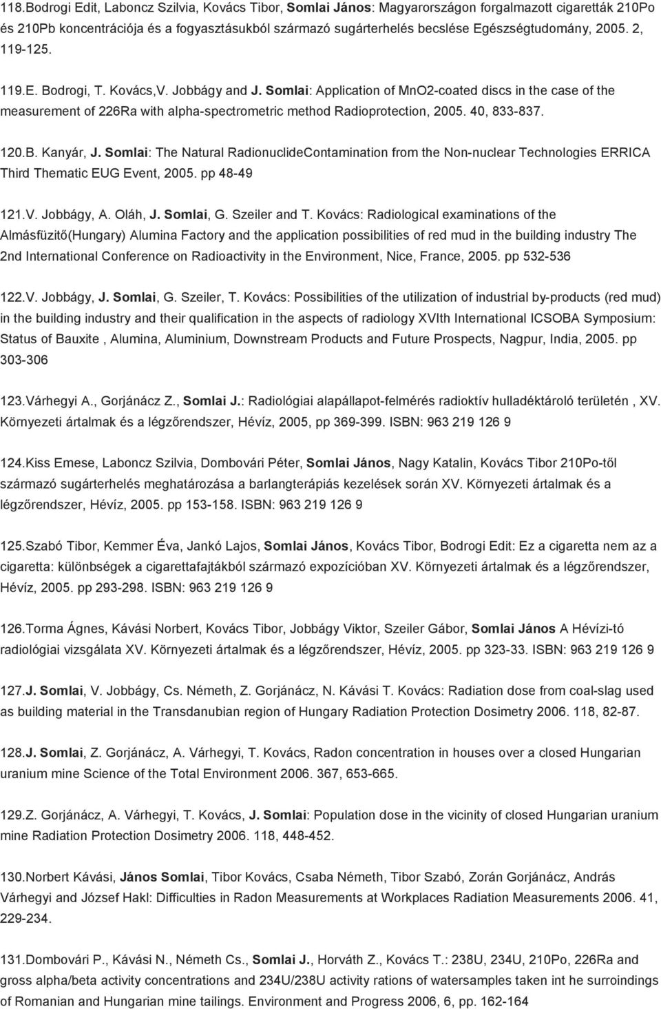 Somlai: Application of MnO2-coated discs in the case of the measurement of 226Ra with alpha-spectrometric method Radioprotection, 2005. 40, 833-837. 120.B. Kanyár, J.