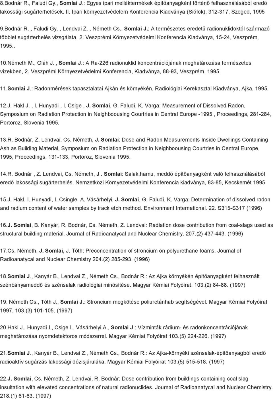 : A természetes eredetű radionuklidoktól származó többlet sugárterhelés vizsgálata, 2. Veszprémi Környezetvédelmi Konferencia Kiadványa, 15-24, Veszprém, 1995.. 10.Németh M., Oláh J., Somlai J.