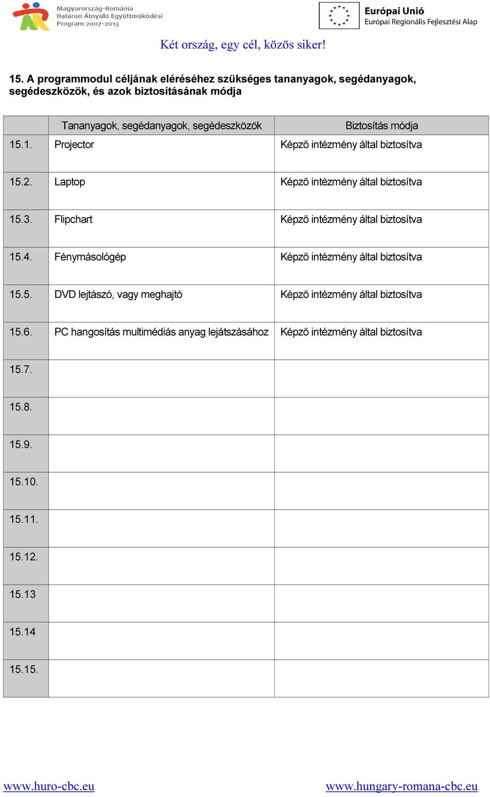 Flipchart Képző intézmény által biztosítva 15.4. Fénymásológép Képző intézmény által biztosítva 15.5. DVD lejtászó, vagy meghajtó Képző intézmény által biztosítva 15.