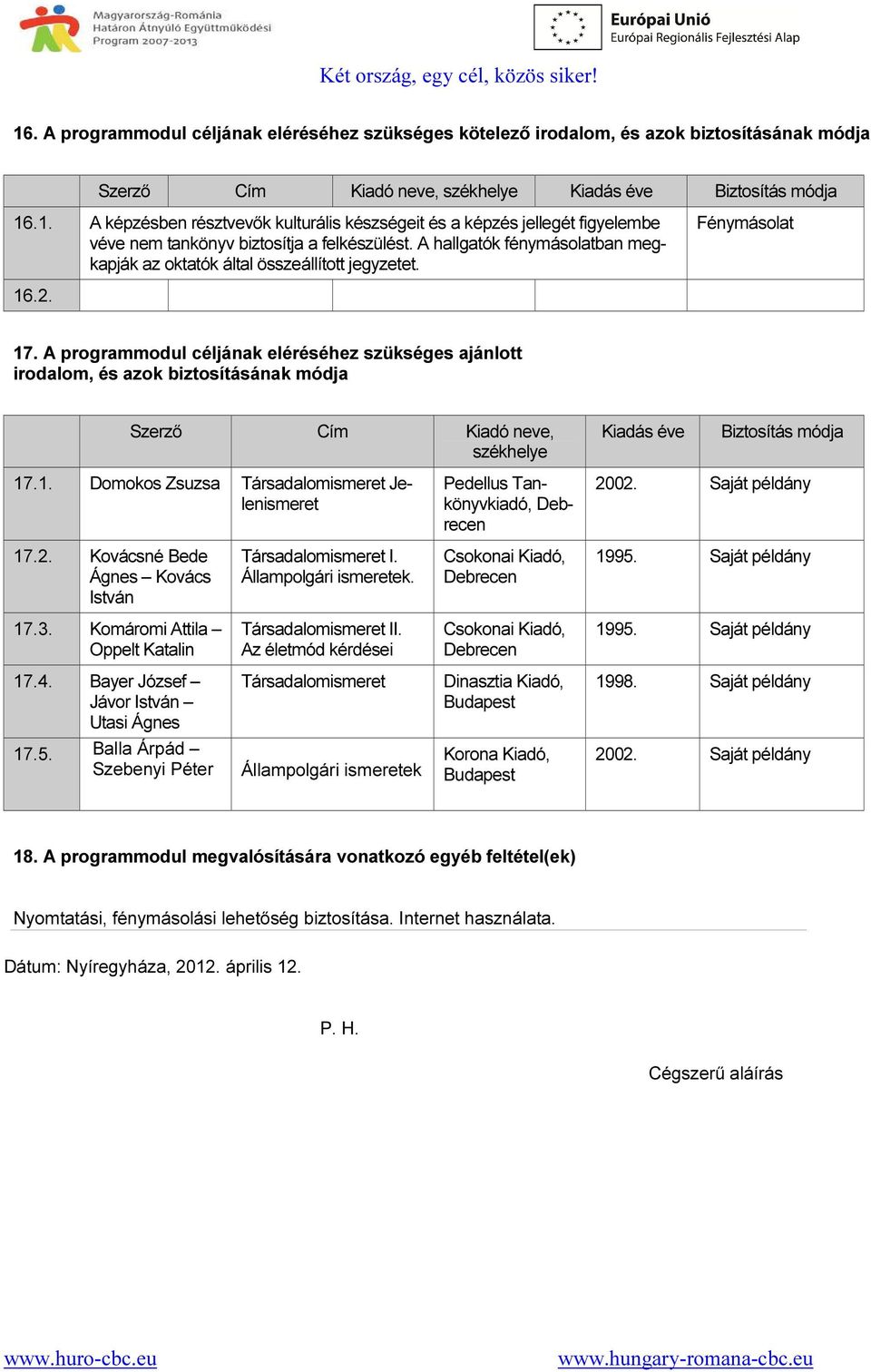 A programmodul céljának eléréséhez szükséges ajánlott irodalom, és azok biztosításának módja Szerző Cím Kiadó neve, székhelye Kiadás éve Biztosítás módja 17