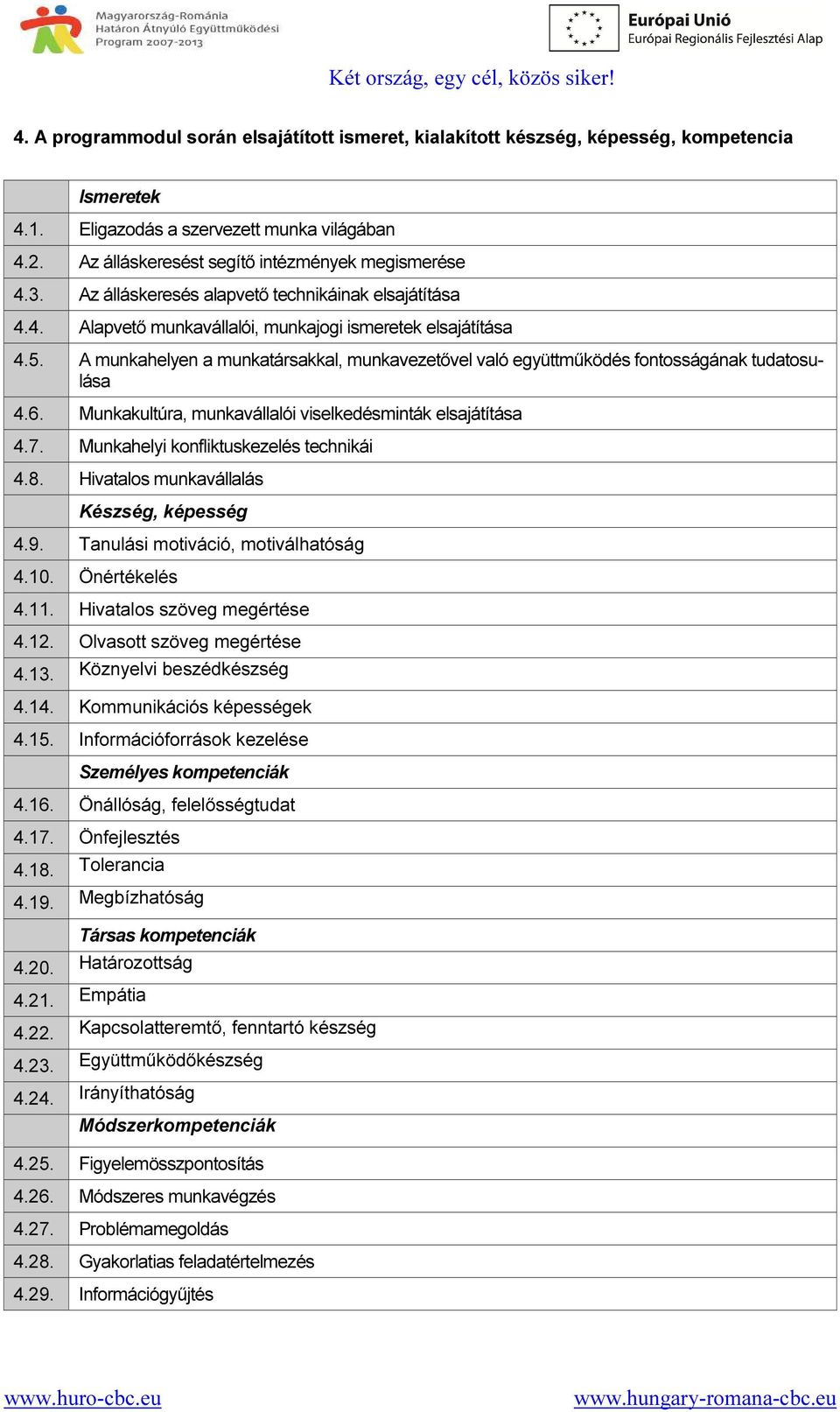 A munkahelyen a munkatársakkal, munkavezetővel való együttműködés fontosságának tudatosulása 4.6. Munkakultúra, munkavállalói viselkedésminták elsajátítása 4.7.