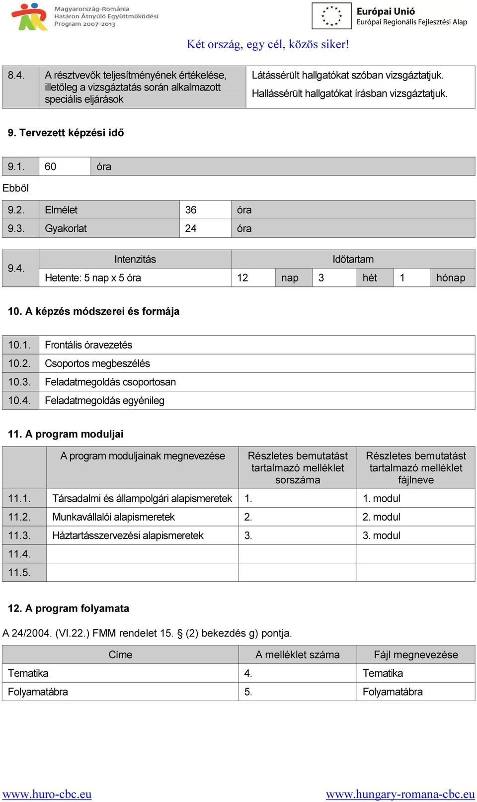 A képzés módszerei és formája 10.1. Frontális óravezetés 10.2. Csoportos megbeszélés 10.3. Feladatmegoldás csoportosan 10.4. Feladatmegoldás egyénileg 11.