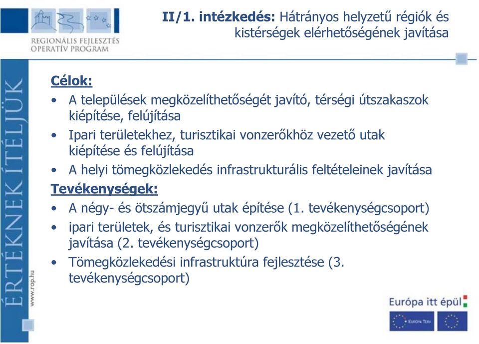 tömegközlekedés infrastrukturális feltételeinek javítása Tevékenységek: A négy- és ötszámjegyű utak építése (1.