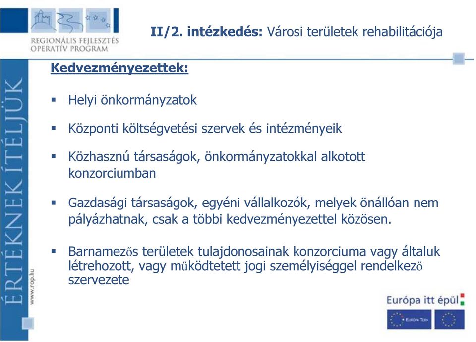 társaságok, egyéni vállalkozók, melyek önállóan nem pályázhatnak, csak a többi kedvezményezettel közösen.