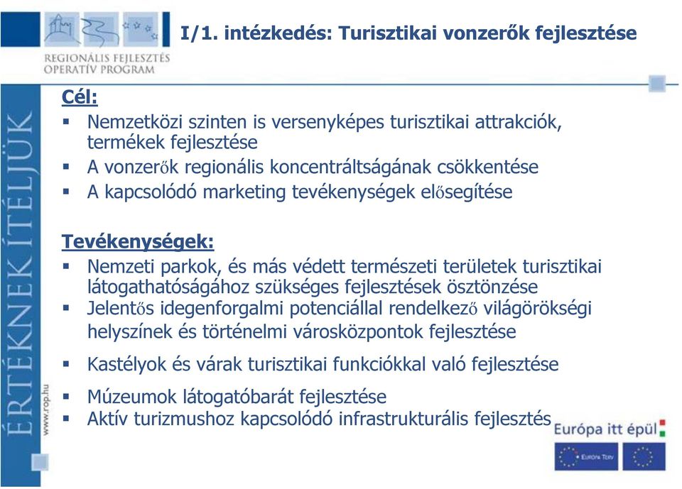 látogathatóságához szükséges fejlesztések ösztönzése Jelentős idegenforgalmi potenciállal rendelkező világörökségi helyszínek és történelmi városközpontok