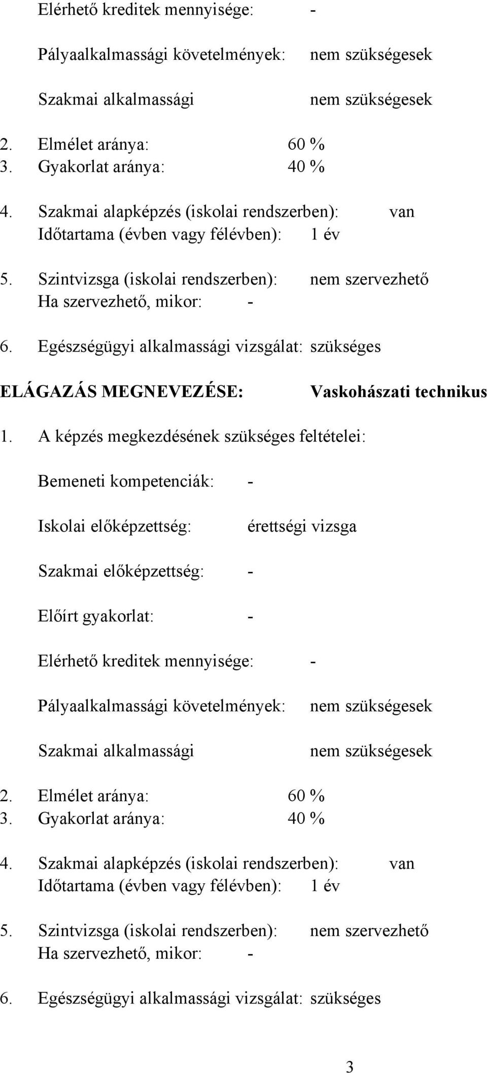 Egészségügyi alkalmassági vizsgálat: szükséges ELÁGZÁS MEGNEVEZÉSE: Vaskohászati technikus 1.